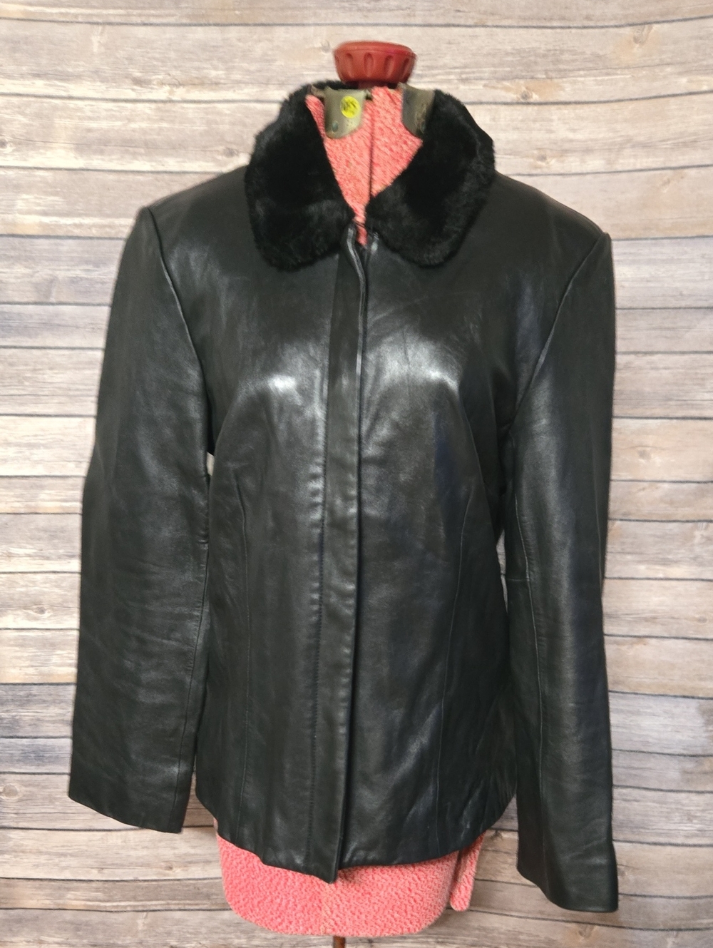 Ann Taylor Black Leather Jacket with Faux Fur Collar